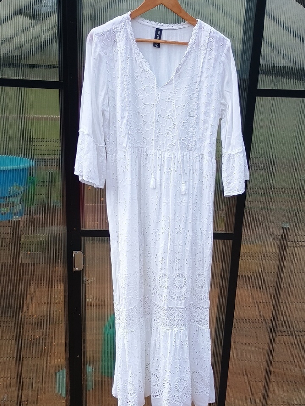 White Eyelet Cotton Maxi Dress with Tassel Tie